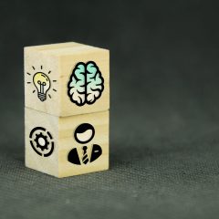 wooden cube with ideas, brain, employee, management icons.